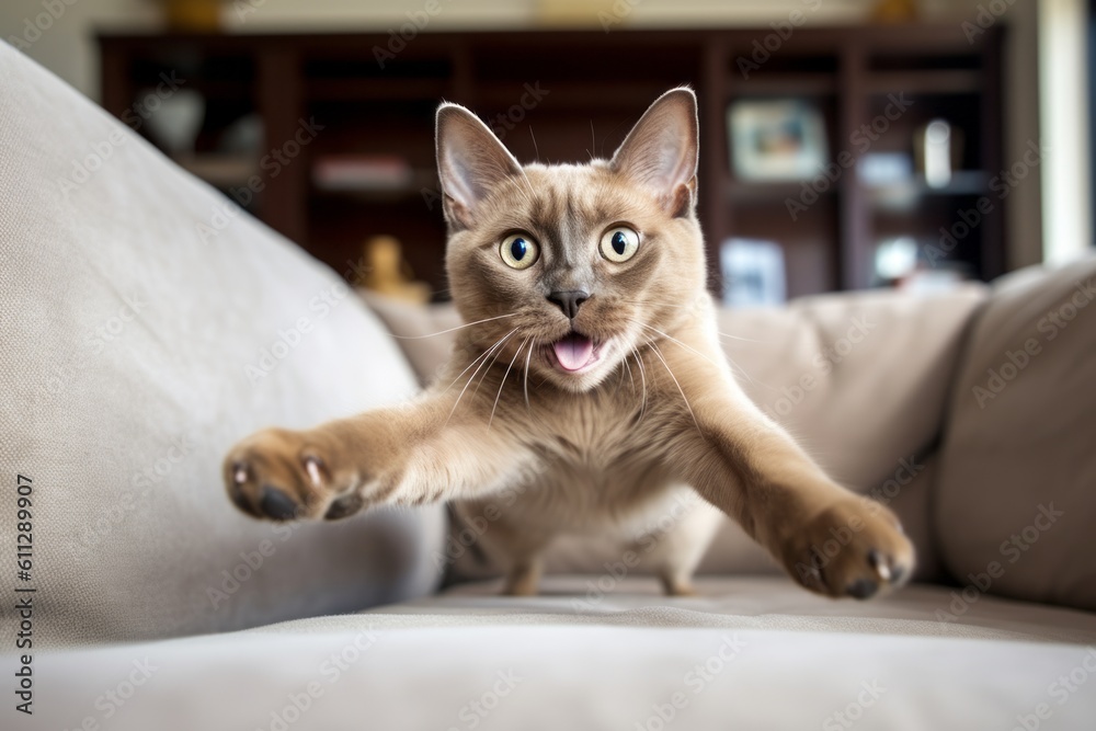 Medium shot portrait photography of a happy burmese cat hopping against a comfy sofa. With generative AI technology Medium shot portrait photography of a happy burmese cat hopping against a comfy sofa. With generative AI technology