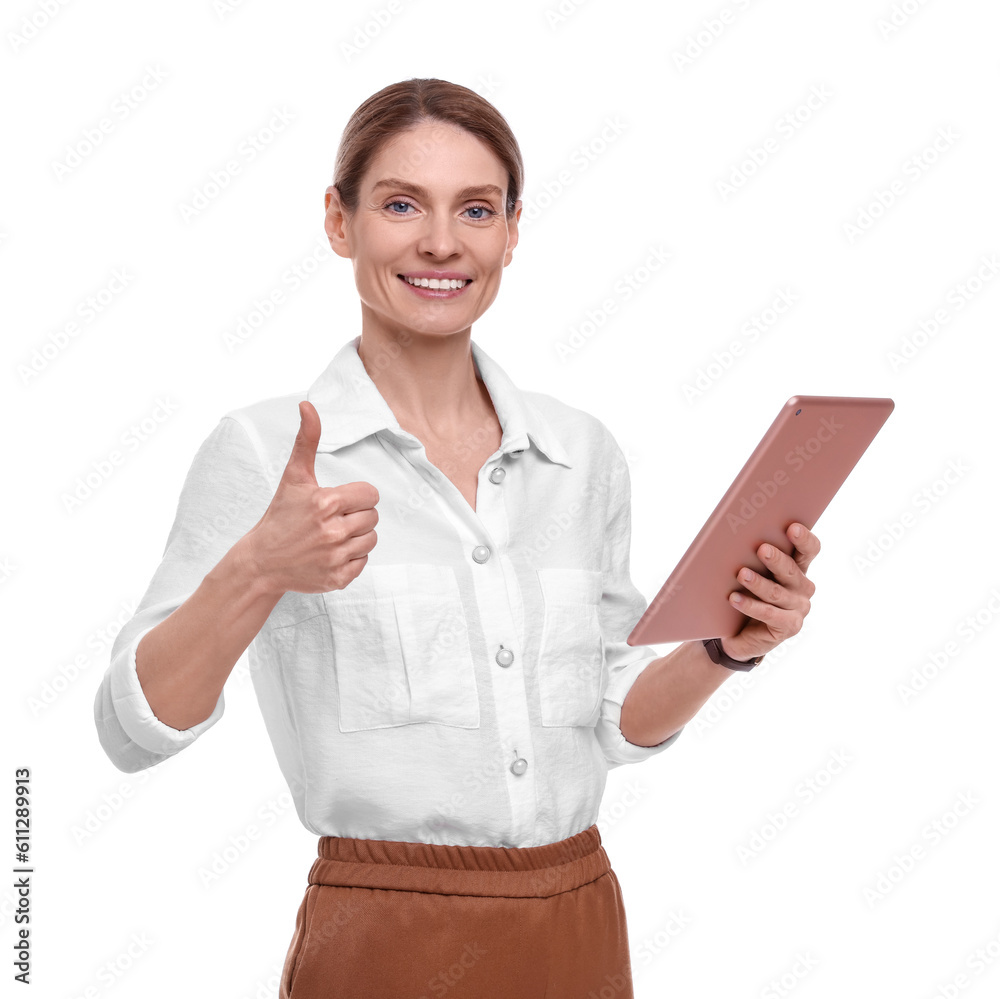 Beautiful happy businesswoman with tablet showing thumb up on white background