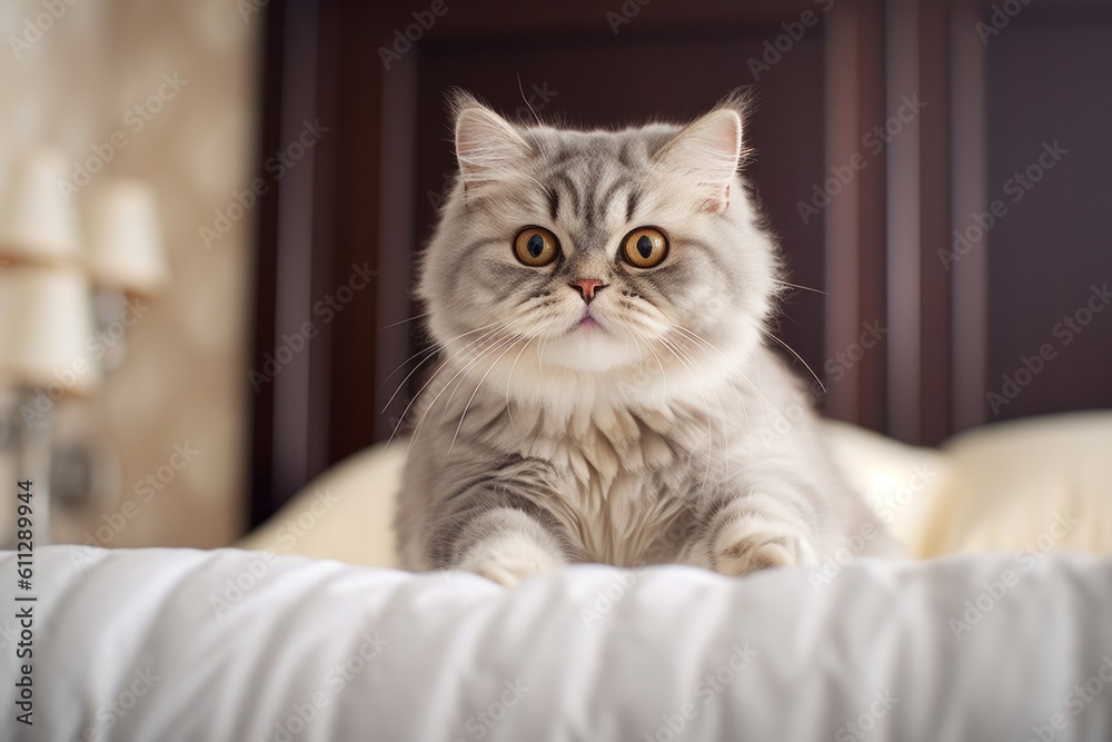 Environmental portrait photography of a happy selkirk rex cat wall climbing against an inviting bed. With generative AI technology