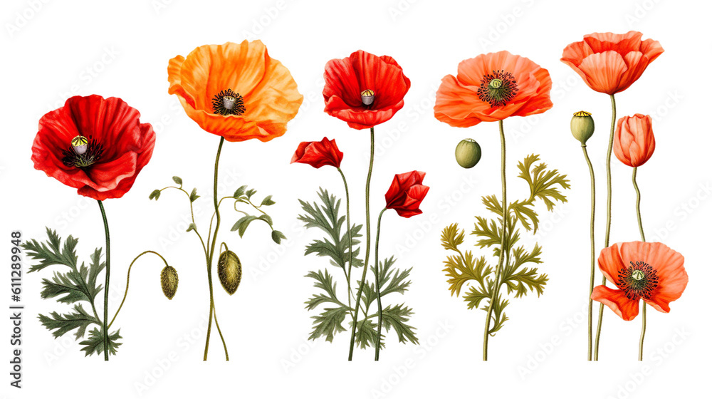 collection of beautiful red poppy flowers and twigs, isolated, flat lay, ai generated	