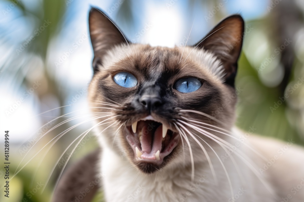 Headshot portrait photography of a smiling siamese cat growling against a beautiful nature scene. With generative AI technology