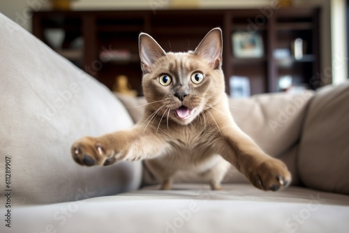 Medium shot portrait photography of a happy burmese cat hopping against a comfy sofa. With generative AI technology