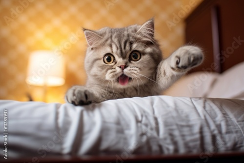 Environmental portrait photography of a happy selkirk rex cat wall climbing against an inviting bed. With generative AI technology © Markus Schröder