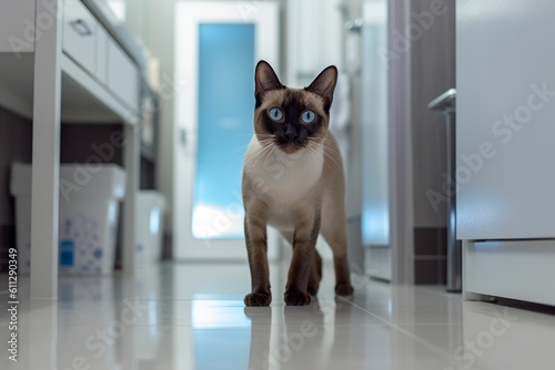 Full-length portrait photography of a funny siamese cat begging for food against a sleek bathroom. With generative AI technology