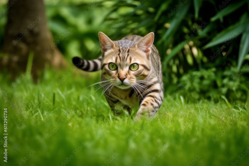 Medium shot portrait photography of a bored bengal cat running against a lush green lawn. With generative AI technology