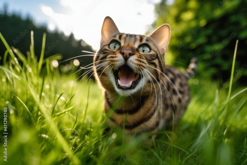 Lifestyle portrait photography of a happy bengal cat murmur meowing against a lush green lawn. With generative AI technology