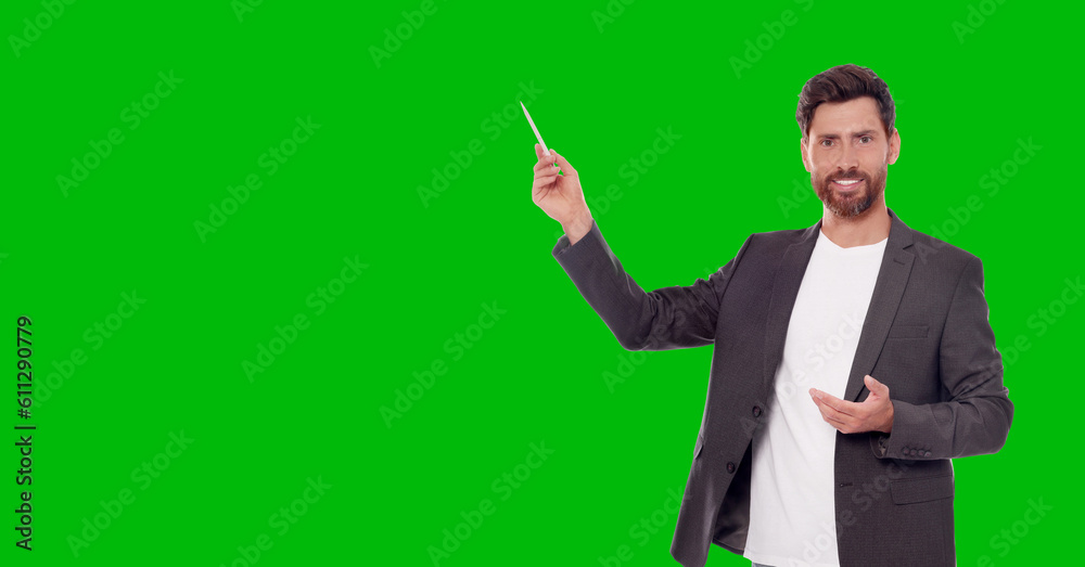 Chroma key compositing. Broadcaster against green screen, banner design Chroma key compositing. Broadcaster against green screen, banner design