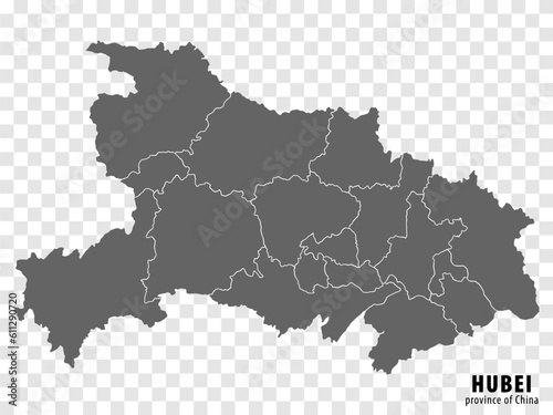 Blank map Province Hubei of China. High quality map Hubei with municipalities on transparent background for your web site design, logo, app, UI. People's Republic of China. EPS10.