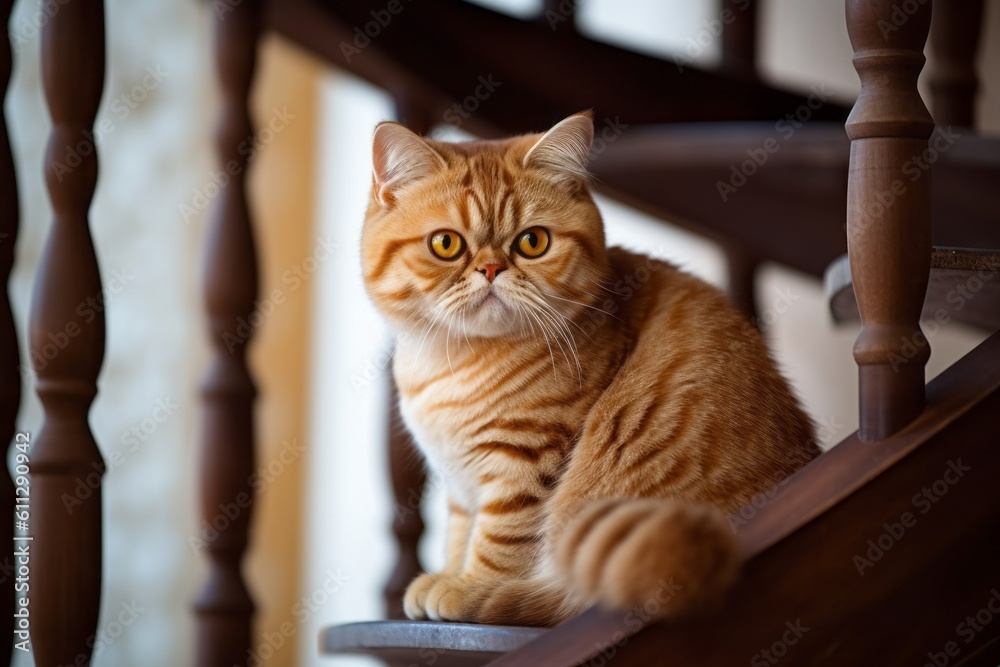 Environmental portrait photography of a bored exotic shorthair cat corner rubbing against a decorative staircase. With generative AI technology