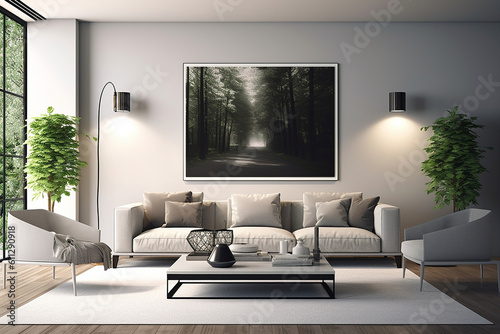 Modern bedroom, and living room in a contemporary house, with a 3D mockup canvas frame on the wall, Generated with AI