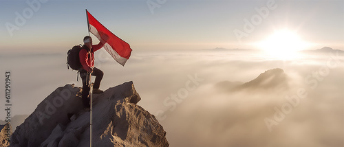 view of a climber raising the Indonesian red and white flag on a mountain with copy space background, generative ai