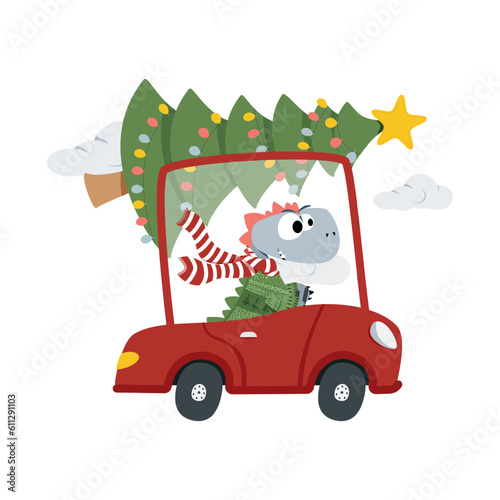 Cute dino illustration. Christmas Greeting Card with Santa Claus. Template for New 2024 Year Cards  Stickers. Adorable hand drawn kids dinosaur characters in car with Christmas tree. 