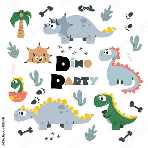 A large set of adorable drawings of dinosaur characters. Set for children s illustration. Vector illustration.