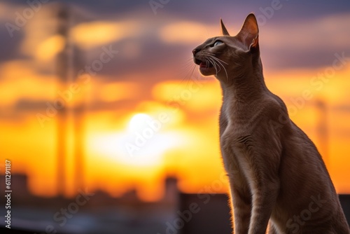 Full-length portrait photography of a happy oriental shorthair cat growling against a captivating sunset. With generative AI technology © Markus Schröder