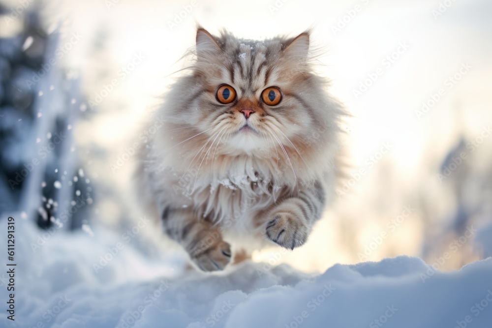 Medium shot portrait photography of a happy persian cat leaping against a snowy winter scene. With generative AI technology