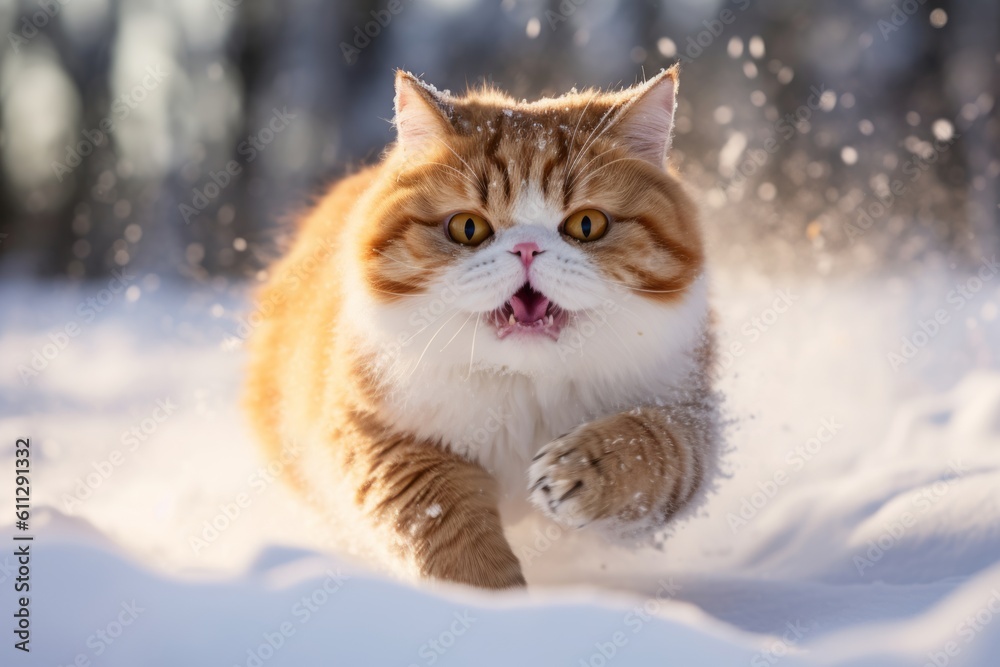 Environmental portrait photography of a smiling exotic shorthair cat running against a snowy winter scene. With generative AI technology