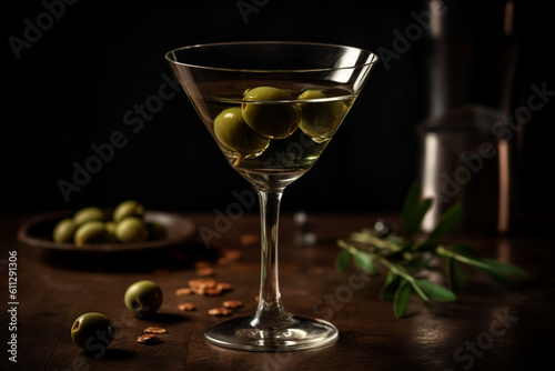 martini drink with green olive Generative AI
