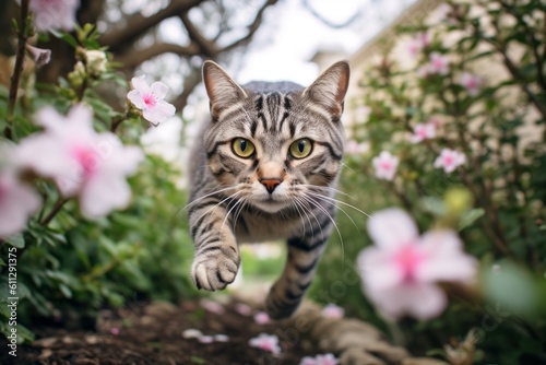 Headshot portrait photography of a curious american shorthair cat hopping against a blooming spring garden. With generative AI technology