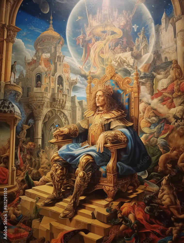 oil painting, scene from 15th century painting, king, king sitting on a
