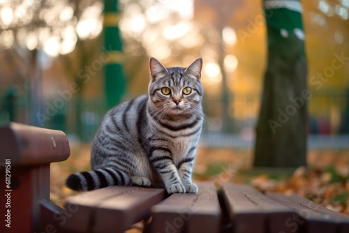 Full-length portrait photography of a smiling american shorthair cat investigating against a picturesque park bench. With generative AI technology