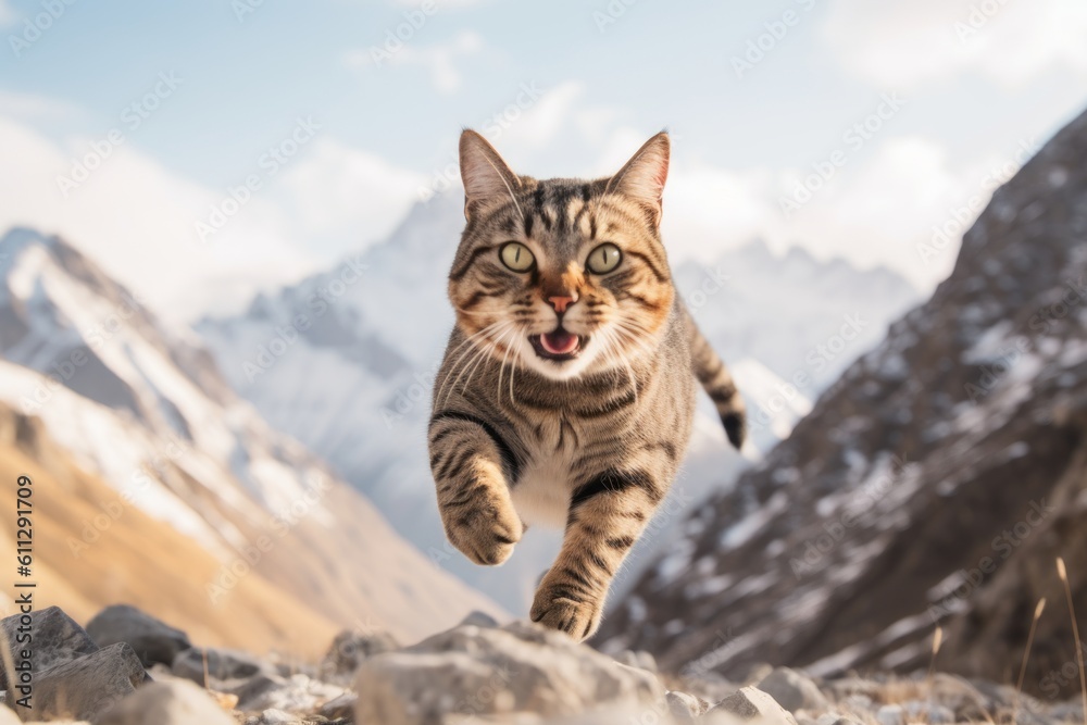 Environmental portrait photography of a smiling american shorthair cat hopping against a scenic mountain view. With generative AI technology