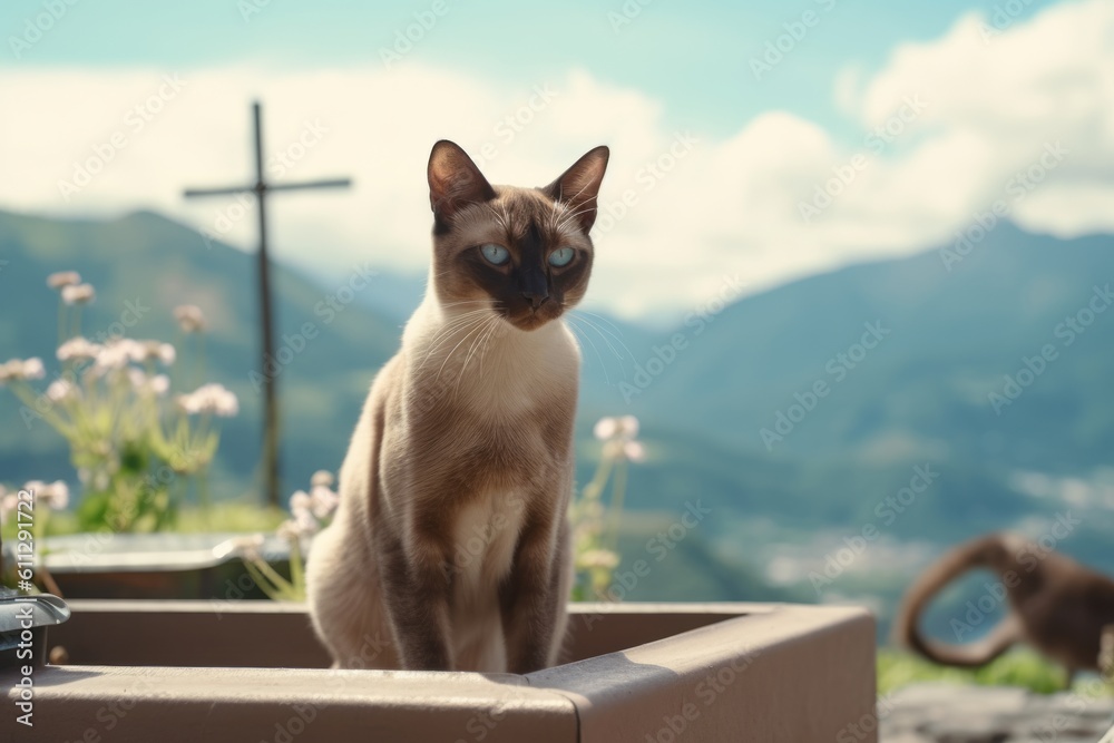 Lifestyle portrait photography of a bored siamese cat playing against a scenic mountain view. With generative AI technology