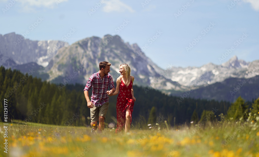 Man and woman freedom on summer travel vacation.Happy man and girl  enjoying together