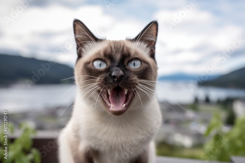 Lifestyle portrait photography of a smiling siamese cat growling against a scenic mountain view. With generative AI technology