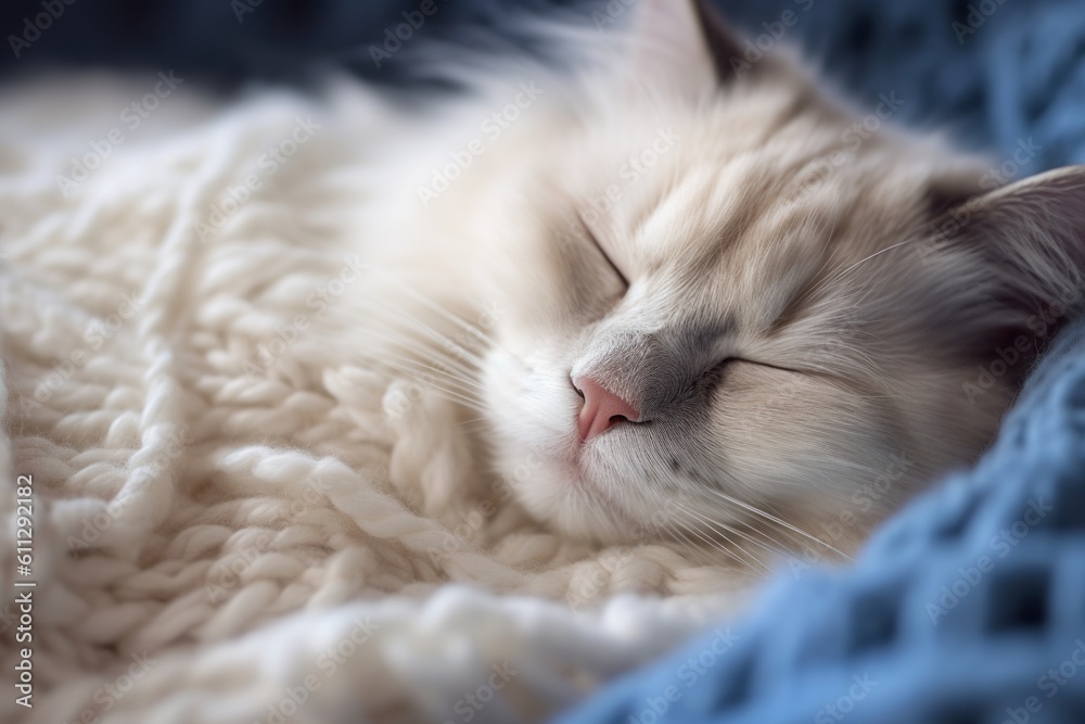 Environmental portrait photography of a funny ragdoll cat sleeping against a cozy blanket. With generative AI technology