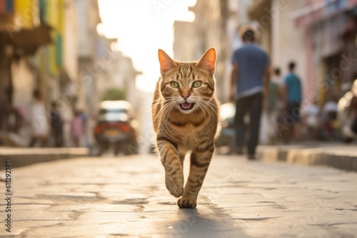 Medium shot portrait photography of a smiling havana brown cat running against a lively street. With generative AI technology © Markus Schröder