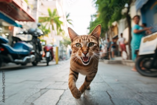 Medium shot portrait photography of a smiling havana brown cat running against a lively street. With generative AI technology © Markus Schröder