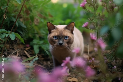 Medium shot portrait photography of a cute burmese cat exploring against a lush flowerbed. With generative AI technology photo