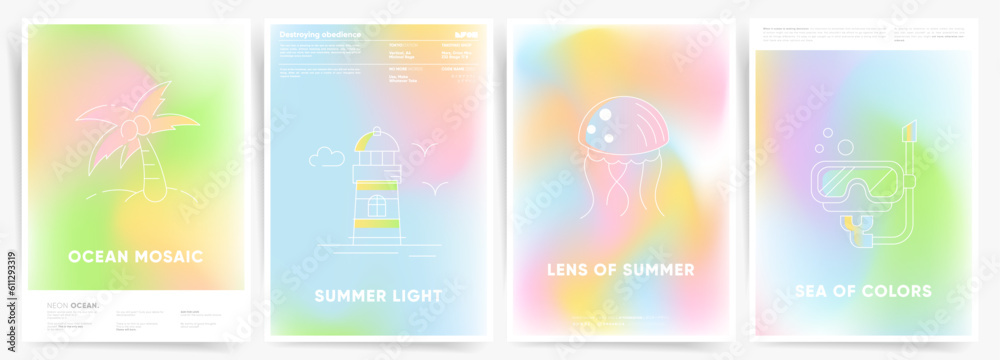 Summer colors blurred backgrounds with soft color gradient. Aesthetic graphic design with medusa, beacon, snorkeling and diving illustration. Vector illustration.