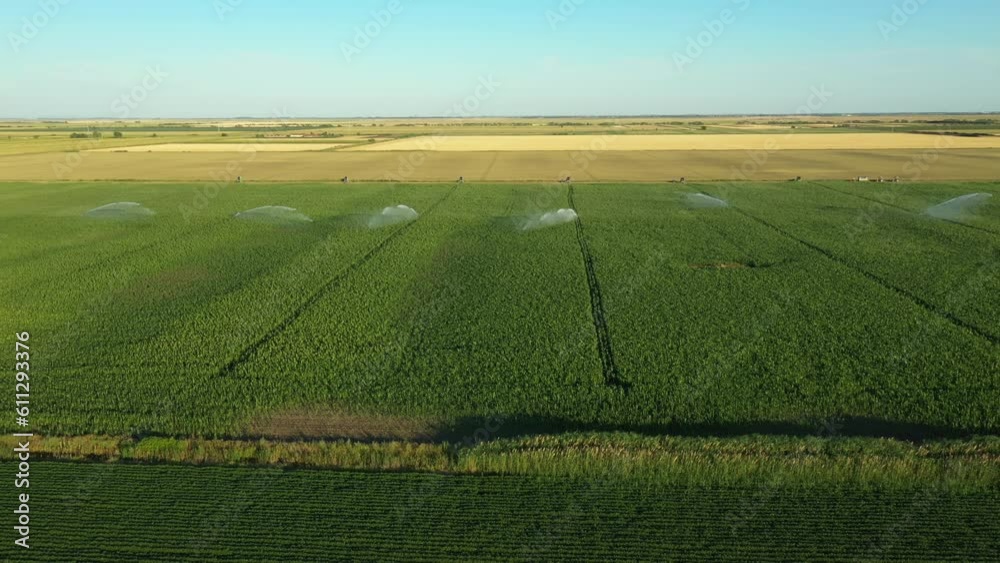 Above view of irrigation system, water jet rain guns sprinklers, on field with corn, helping grow, vegetation in dry season, increases crop yields. Above view of irrigation system, water jet rain guns sprinklers, on field with corn, helping grow, vegetation in dry season, increases crop yields.