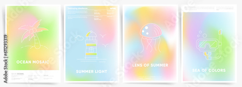 Summer colors blurred backgrounds with soft color gradient. Aesthetic graphic design with medusa, beacon, snorkeling and diving illustration. Vector illustration.