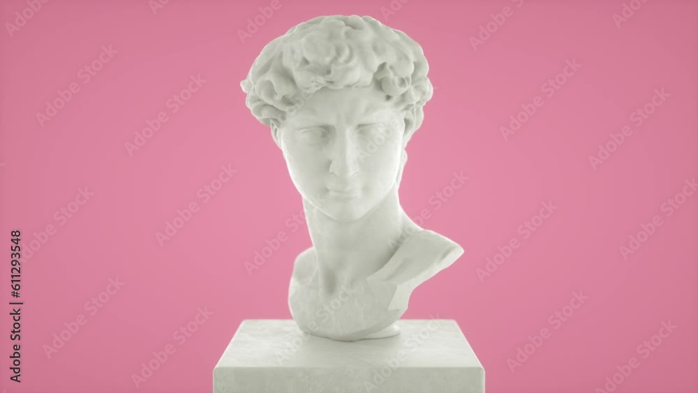 Bust statue cut sliced with surreal rotating movement. Greco Roman sculpture 3d model design. David Michelangelo´s white head. Modern conceptual art, contemporary art in vaporwave style