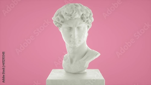 Bust statue cut sliced with surreal rotating movement. Greco Roman sculpture 3d model design. David Michelangelo´s white head. Modern conceptual art, contemporary art in vaporwave style photo