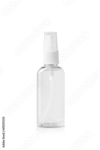 Transparent bottle with spray on white background
