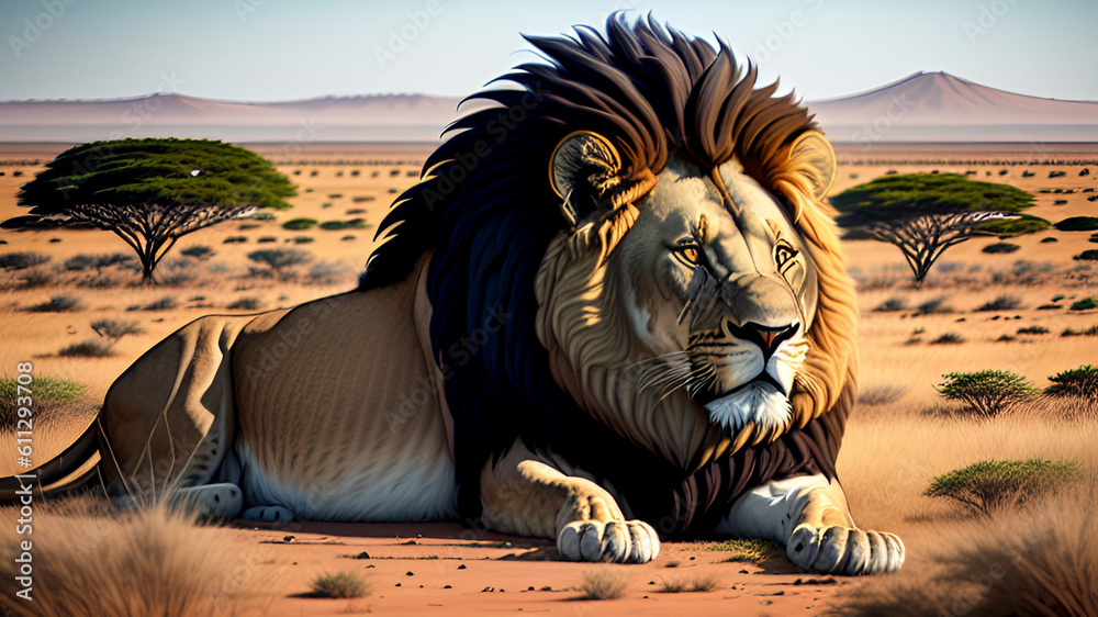 Illustrazione di un grosso leone con folta criniera. Generata con AI. - obrazy, fototapety, plakaty 