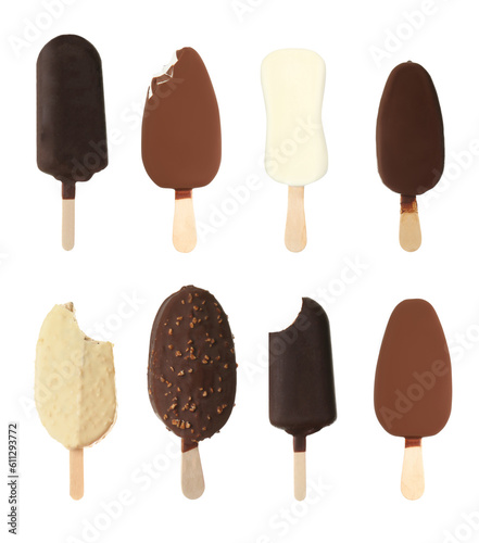 Set of different tasty glazed ice creams on white background