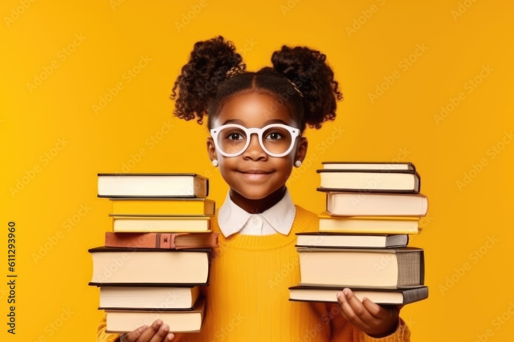 funny smiling Black child school girl with glasses hold books on her head. Yellow background. AI Generative funny smiling Black child school girl with glasses hold books on her head. Yellow background. AI Generative