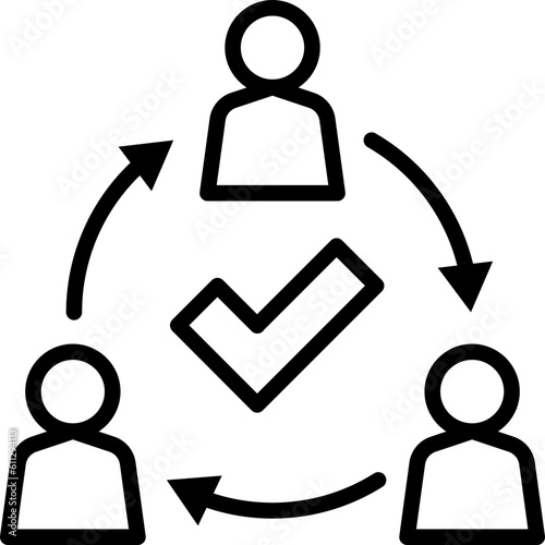 Unity thin line icon. Successful communication employees. Teamwork, collaboration. Circle of people with check mark. Modern vector illustration.