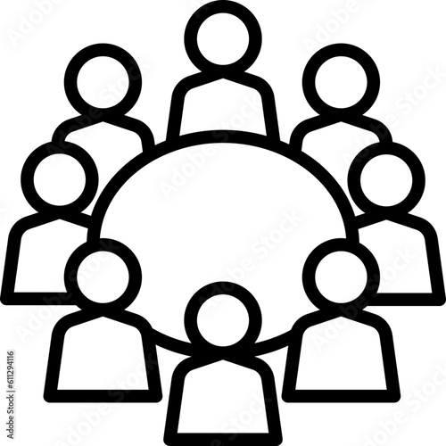 Meeting thin line icon. People sitting around table. Conference, collaboration, brainstorming. Modern vector illustration.