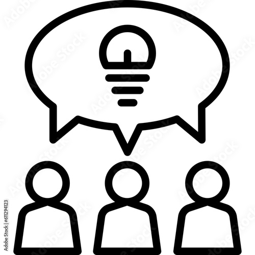 Idea sharing thin line icon. Group of people is brainstorming. Teamwork. Speech bubble with light bulb. Modern vector illustration.