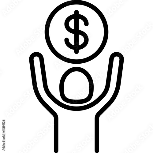 Financial bonus thin line icon: man holding dollar coin in hands. Salary, profit, earnings. Modern vector illustration.