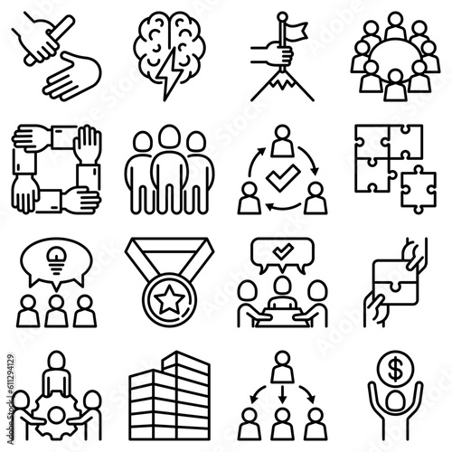 Teamwork thin line icons set: relay race, brainstorm, success, meeting, idea share, collaboration, joint project, unity, support, delegation, bonus. Modern vector illustration.