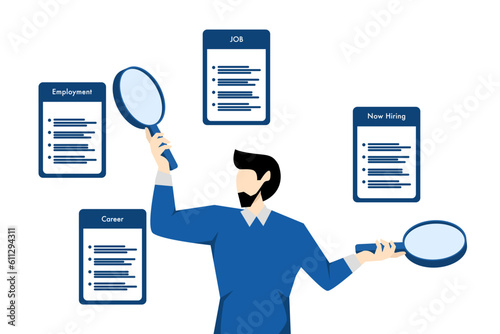 Looking for a job, looking for new careers and opportunities, savvy entrepreneurs use magnifying glass in both hands looking for new recruiting careers. flat vector illustration on a white background.