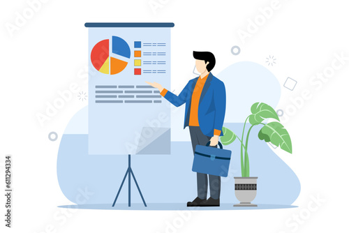 Creative business concept. Confident young man standing near flip chart and pointing at charts and diagrams. Office interiors. Modern vector illustration. Flat design on white background.