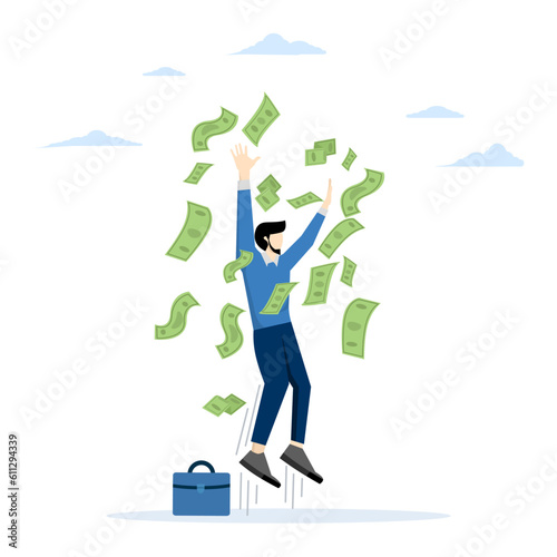 Successful businessman achieve financial freedom, income or salary increase or career opportunity, happy millionaire with lots of money and wealth, happy businessman jumping high with money rain.