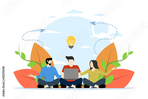 meditation concept, health benefits for body, mind and emotions, thought process, initiating and searching for ideas, finding solutions, solving problems calmly, vector illustration in flat style.